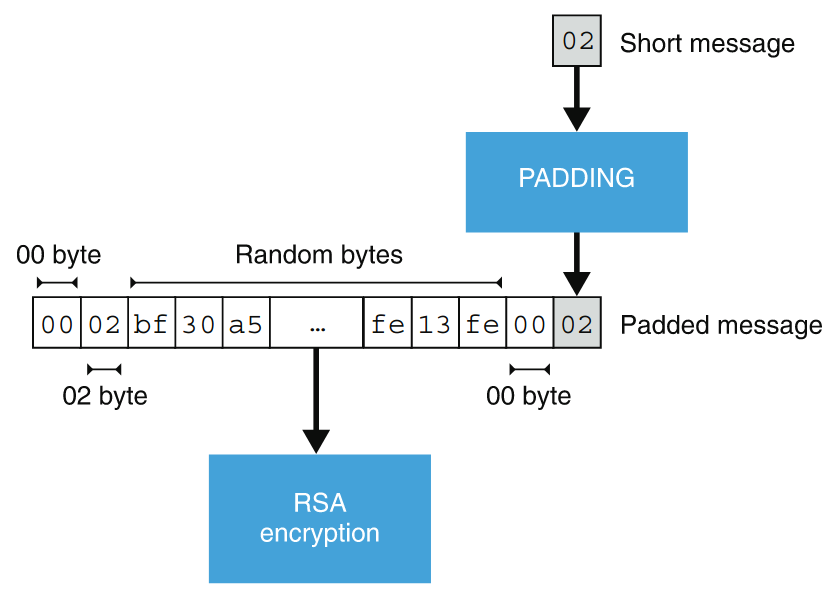 The RSA PKCS#1 v1.5 standard specifies a padding to apply to a message prior to encryption. The padding must be reversible (so that decryption can get rid of it) and must add enough random bytes to the message in order to avoid brute force attacks. (Wong 2021)